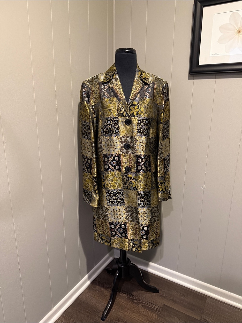 Renfrew Gold and Black Brocade Women's Plus 14 Long Blazer Jacket